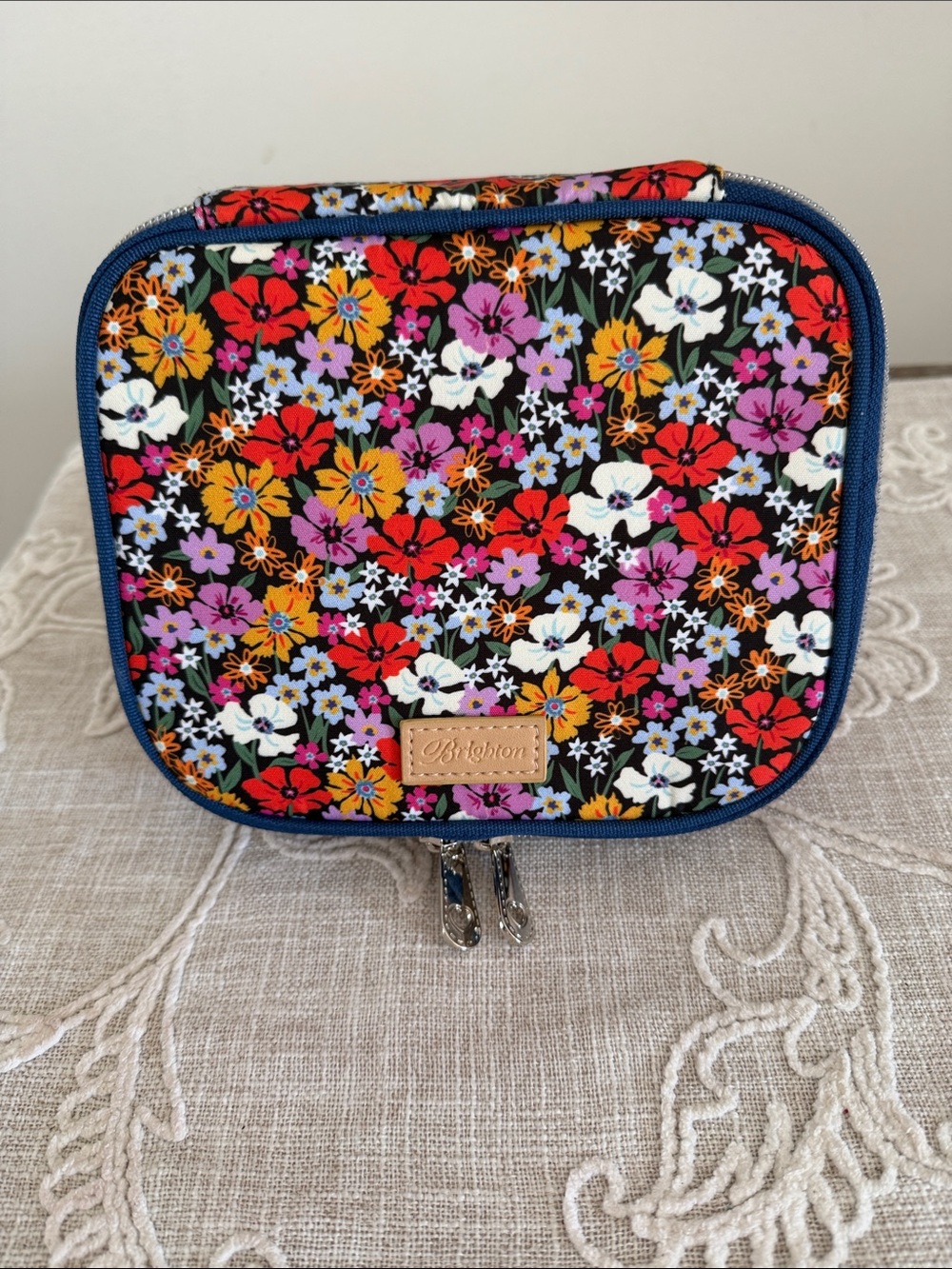 Brighton Painted Poppies Jewelry Case Floral Multicolor with Navy Trim